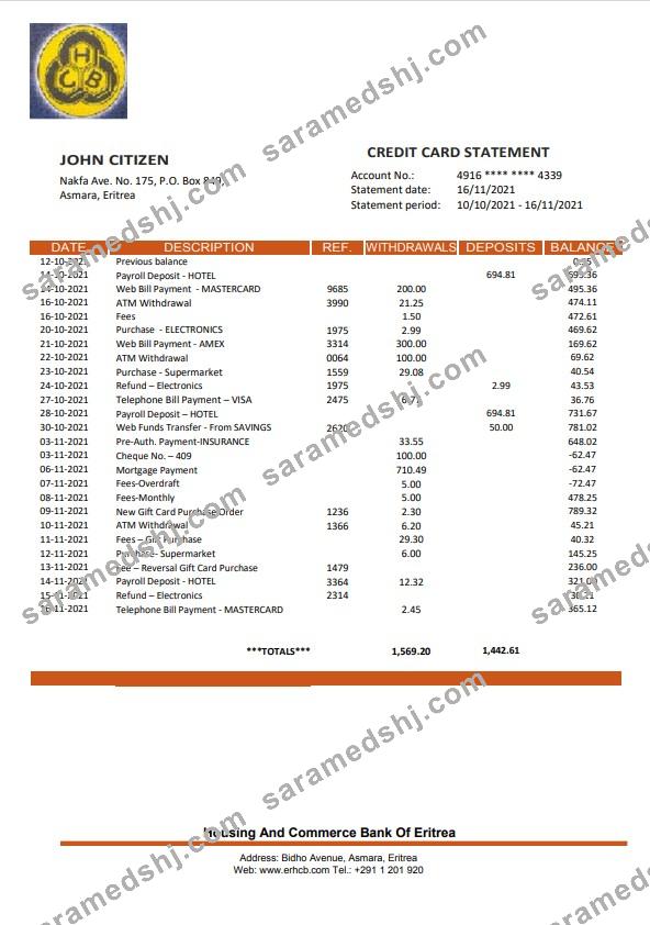 Eritrea Housing and Commerce bank statement template, Word and PDF format